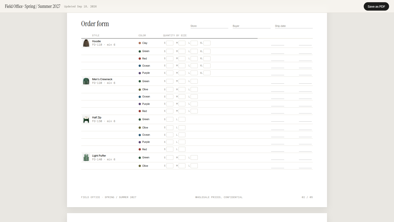 An order form page with quantity boxes for each style by color and size
